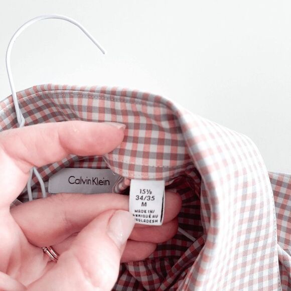 Calvin Klein Mens Slim Fit Collared Dress Shirt Checked Gray Pink Size Medium - Picture 3 of 9